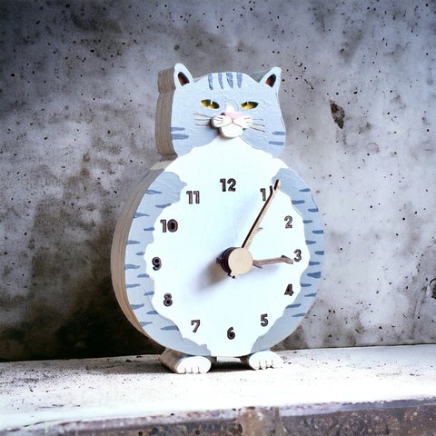 サバトラと寄り添いあえる時計 木製 置き時計