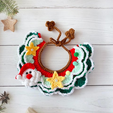 クリスマスツリー　サンタ　毛糸ペットアクセサリー　犬服　猫服　スタイ　よだれかけ　かぎ針編み