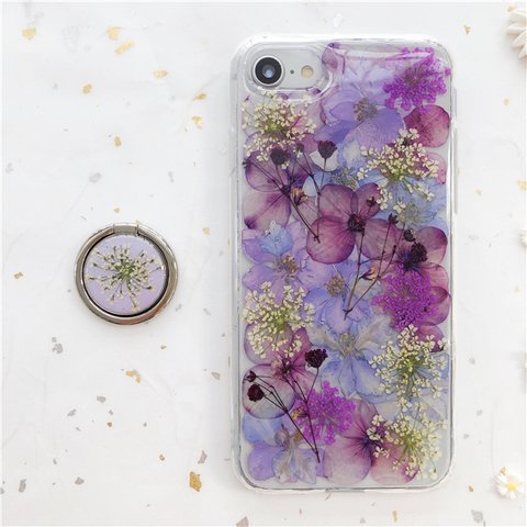 ❤紫陽花とかすみ草 スマホリング 押し花ケースiPhone15Pro/13/SE/XPERIA10IV/GalaxyS23/AQUOS iPhoneケース スマホケース 