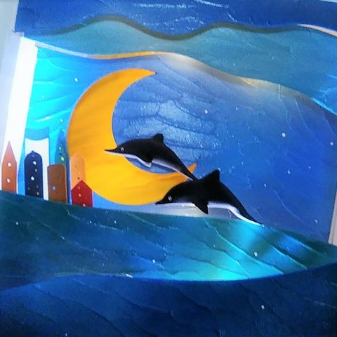 ドルフィンたちの月灯浴 (星空バージョン) ※立体絵画です