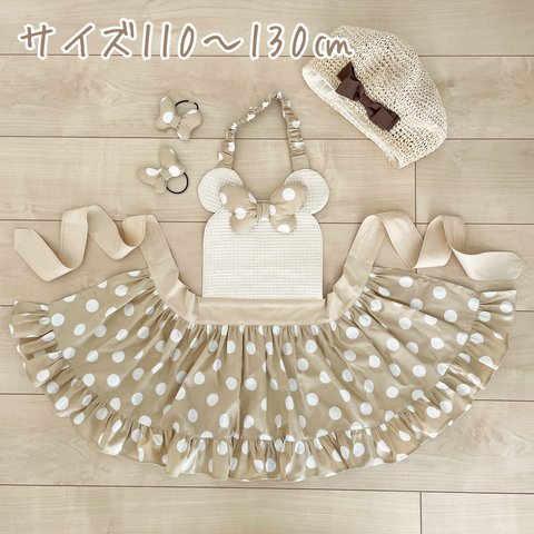 フリルたっぷりエプロンドレス♡ ♡サイズ110、120、130㎝ドット柄　ベージュ×ワッフル生地　ナチュラル　ぷっくりリボン　子供エプロン　カフェオレ　ミルクティー　淡色　ナチュラル　キッチン　女の子