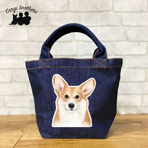 【 コーギー 水彩画風 毛色4色 】　オリジナルミニデニムトートバッグ　うちの子　犬　犬グッズ　プレゼント