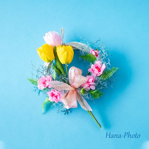 桃の花とチューリップの雛祭りリース　白のリース台：15㎝　　  (59)