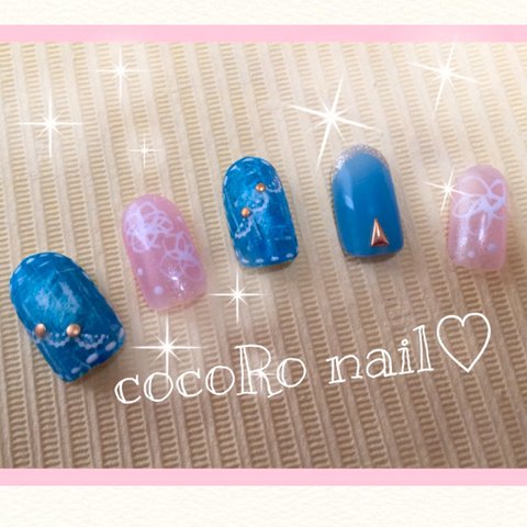 デニム レース ジェルネイルチップnail フレンチnail 花柄nail