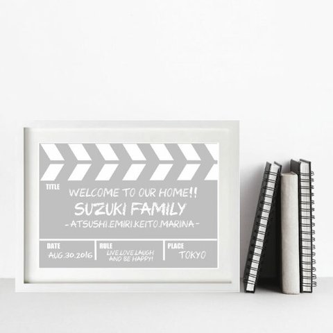 引越し祝いや結婚のお祝いに！お名前入りモノトーンポスター・ファミリーポスター#CLAPPERBOARD(A3) 