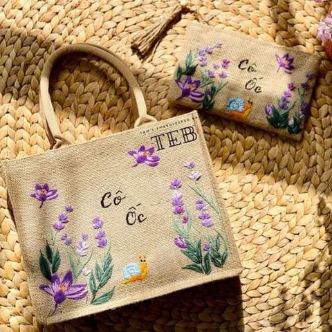 セット バック& 財布 / 手刺繍 お花ジュートバック 着物バック  着物は合わせるバック