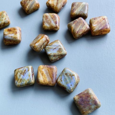 【6コセット】JIRI＊IVANA#czech beads#チェコビーズ　square10✖️10㍉ irregular stripe amber blue/picasso