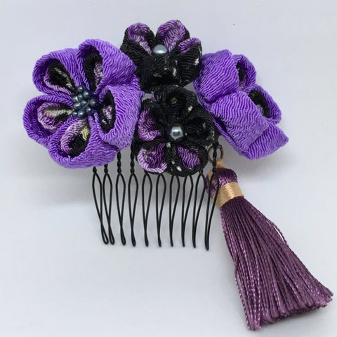 黒×薄紫のちりめん髪飾り