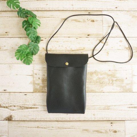 長財布とスマホが余裕で入るサコッシュ ショルダー斜め掛けタイプ 縦型 ブラック 黒  Phone Leather Pouch Bag 