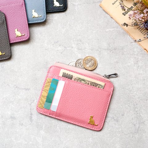 ミニ財布　コンパクト財布　小さい財布　薄い財布　薄型財布　小さい　本革　猫　ねこ　ピンク　ギフト　プレゼント
