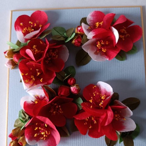 和紙の折り紙フラワー(ボケの赤花)