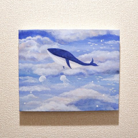 空を泳ぐクジラ＊アクリル絵の具のアートパネル