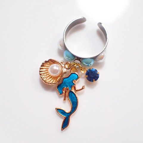 人魚姫の指輪 貝 ビジュー 青 パール