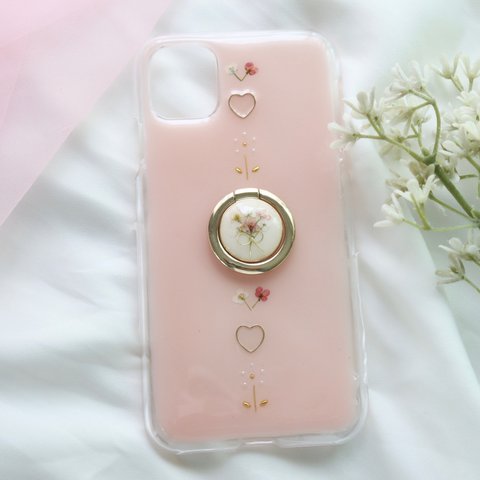 ベビーピンクベース♡スマホリング付き 押し花iPhone13 12 SE2 iPhoneケース スマホケース スマホカバー Android Galaxy Xperia  全機種 韓国