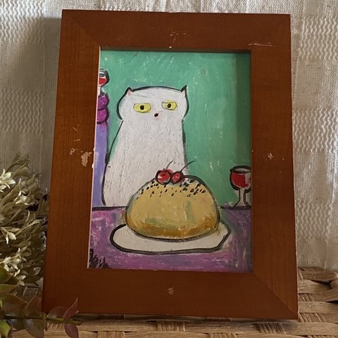 絵画 。原画【テーブルの上の美味しいさくらんぼケーキとワイン】