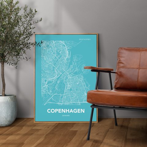 アートポスター MAP コペンハーゲン デンマーク ブルー L判 ハガキ 2L判 A4 A3 B3 A2 B2 アート モノトーン 地図 インテリアポスター【MAP_BL-B06】