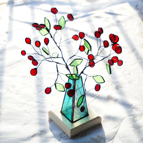 新作ステンドグラス一輪挿し　南天の実、花瓶、花台3.点一式　冬お正月ガラスインテリア雑貨置物