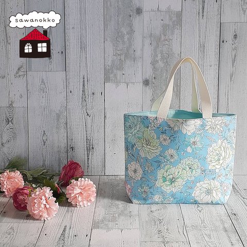 爽やか 花柄 ミニトート ミント 夏 ミニバッグ お散歩バッグ floral pattern floral print  mini tote bag   mint color   light blue