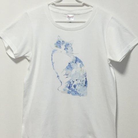 猫と綺麗なお花柄Ｔシャツ　ブルー／モノクロ　受注制作