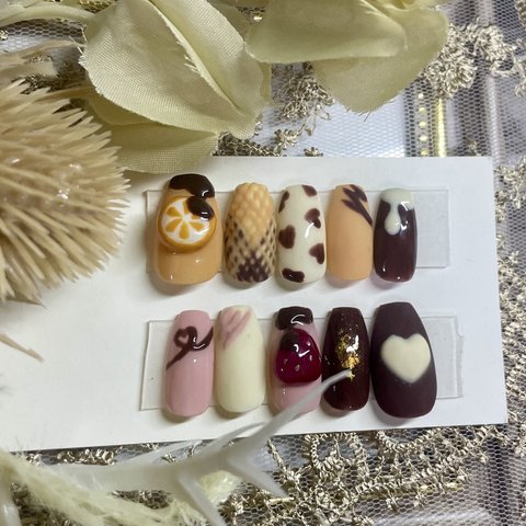 サイズオーダー♡3Dオレンジ×いちごチョコネイルチップ　マット　つや　size order nail tip