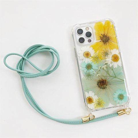 スマホショルダー コスモス 押し花ケース イエロー ×ミントグリーン 斜め掛け ストラップスマホケース