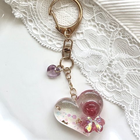 送料無料♥︎ ハンドメイド レジンキーホルダー レジン くまさん くま ハート キーホルダー チャーム 推し活 ピンク