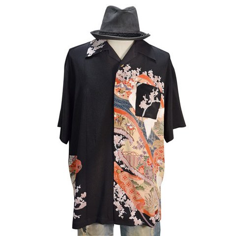 着物アロハシャツ_双鶴と桜留袖　大きいサイズ