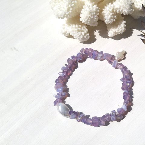 ♡lavender anklet♡−天然ナチュラルカルセドニー&天然大粒バロックパール&天然パールのクロス-