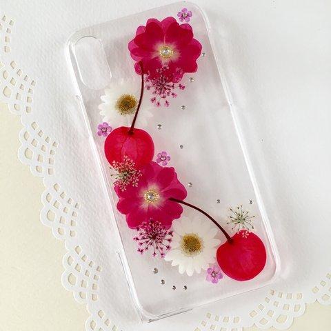 再販＊フルーツと押し花のケース ＊ iPhone X ＊ミニ薔薇とサクランボ