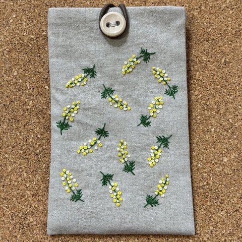 【お花の手刺繍】かわいいスマホケース・グラスケース　春らしく　ミモザ　ギフト　みもざ　ハーフリネン　ボタニカル