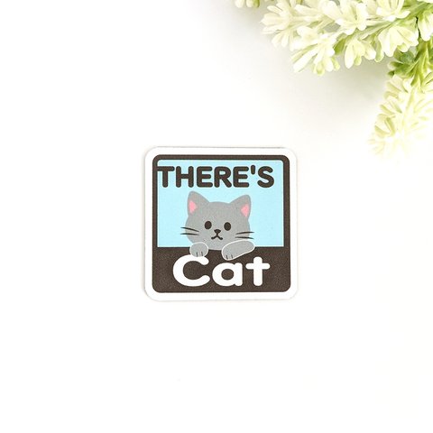 ４.５×４.５cm【＊グレー猫＊THERE'S CAT（猫が居ます） マグネットステッカー】車 通院 玄関 ドア ポスト