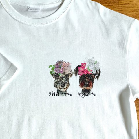 ２匹用　うちの子 似顔絵 ビッグシルエット ユニセックス Tシャツ＠誕生花