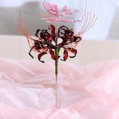 蝶 彼岸花  かんざし 曼珠沙華 髪飾り ～情熱～ ディップアート 着物