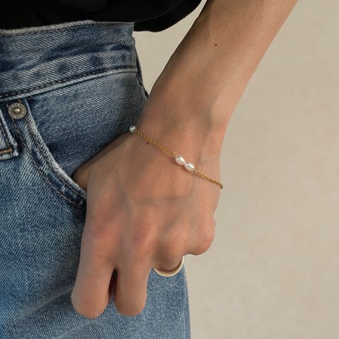 【ブレスレット】新作dot pearl bracelet /サージカルステンレス 淡水パール ブレスレット　シンプル　初夏　Tシャツ　金属アレルギー対応