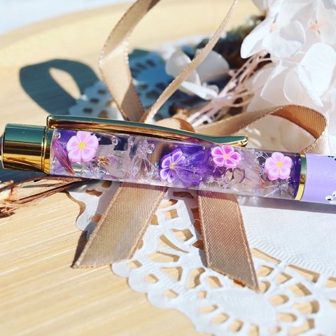 パープルフラワー🌸花柄ハーバリウムボールペン