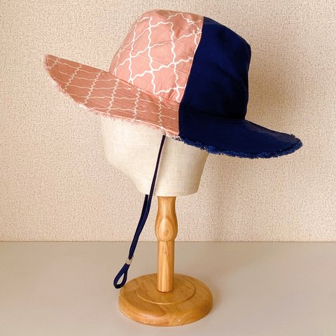 Cofyu★2Tone✦ラージブリムハット✦ストラップ付き✦ Navy&Moroccan tile