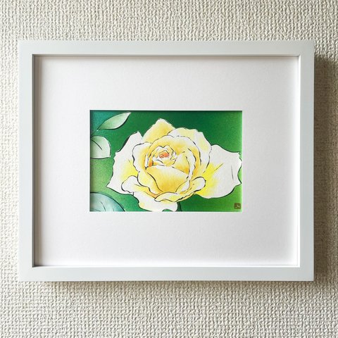 額付き【原画】「黄色いバラ（薔薇）」　花の絵　インテリア　絵画　アート