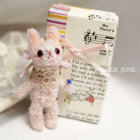 *モールウサギ ピンク*7.5cm 箱,誕生石付 モールアート モールベア テディベア ミニチュア プチギフト