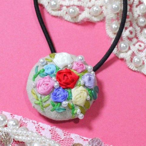 rose garden ✿ リボン 刺繍 ヘアゴム / くるみボタン