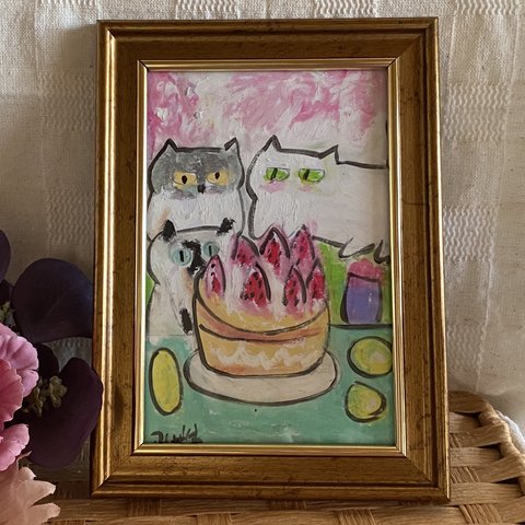 絵画。壁掛け絵原画手描き【美味しい桜のイチゴケーキ、猫たちの楽しいデート】