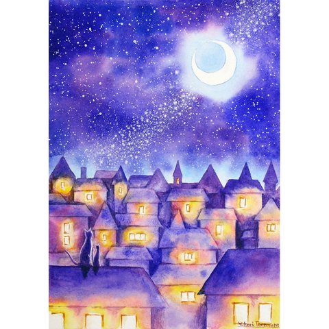 【原画】月が奏でるSerenade（水彩画）★月 夜空 猫 絵画インテリア プレゼントに