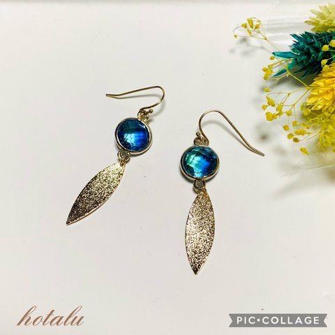 ✳ブルー系シャネルストーン&メタルリーフ·ロングピアス(金具変更可能)