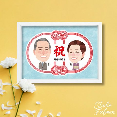 【似顔絵ギフト】結婚記念 水引の円_ブルー（台紙のみ）