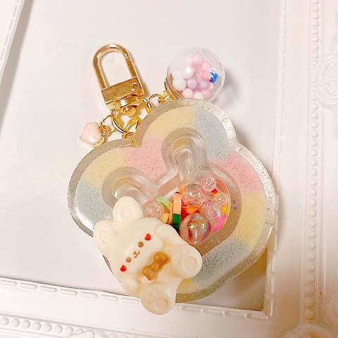 もふもふうさちゃんシェイカー◆カラフル シャカシャカキーホルダー ゆめかわいい レジン チャーム 名入れ うさぎ ハートシェイカー アニマル ぬいぐるみ ビーズ プレゼント 動物 ピンク 水色 黄色