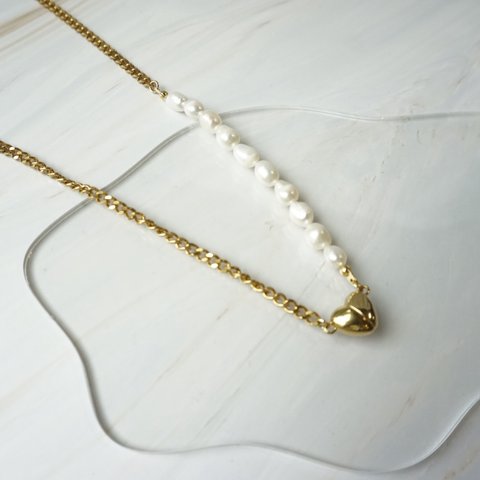 【ladies】　magnet heart pearl gold necklace マグネットハートパール　ネックレス　ゴールド