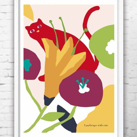日常の景色　ネコ　花　かわいい　イラスト　アート  アートポスター　ポスター  A4　全作定評品質　986