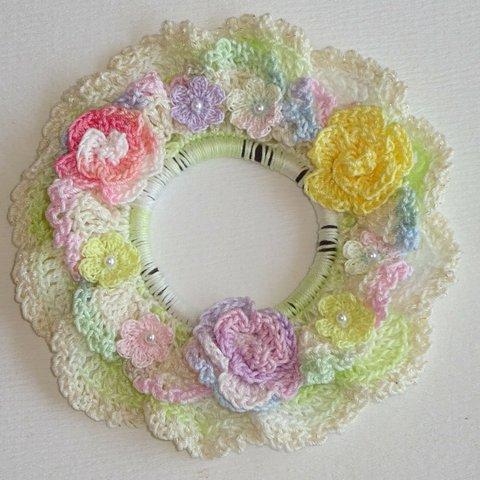 【送料無料・SALE】レース編み 夢色のお花のシュシュ パステルカラー