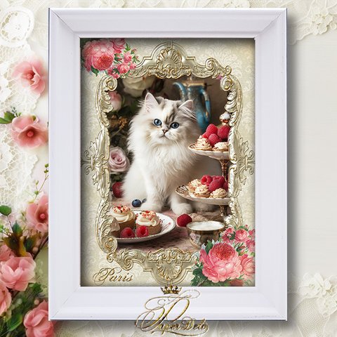 ヴィンテージ風 額付きアートプリント★ペルシャ猫のティータイム★ロココ・ヴィクトリアン Victorian Cat Art Print