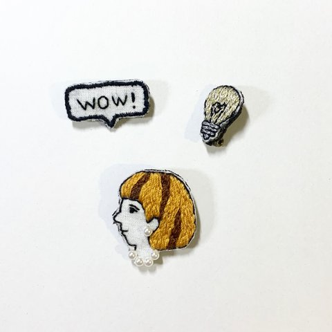 刺繍ブローチ　WOW!