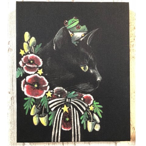 星月猫★アート「黒猫」絵画　F3 複製画　木製パネル貼り27.3cmｘ22cm　厚み２㎝　「011」